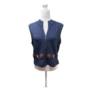 Woolrich Lambswool Indigo Bear Embroidered Vest Zip-Up M
